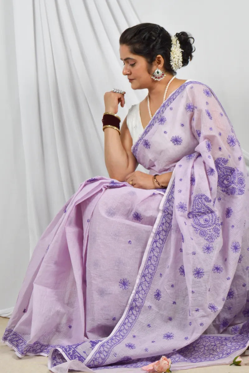 Handcrafted Lavender Kota Cotton Saree with Pearl & Sequin Work Designer Lucknowi Chikankari Embroidery and a matching Blouse, ideal for Festive and  occasions.