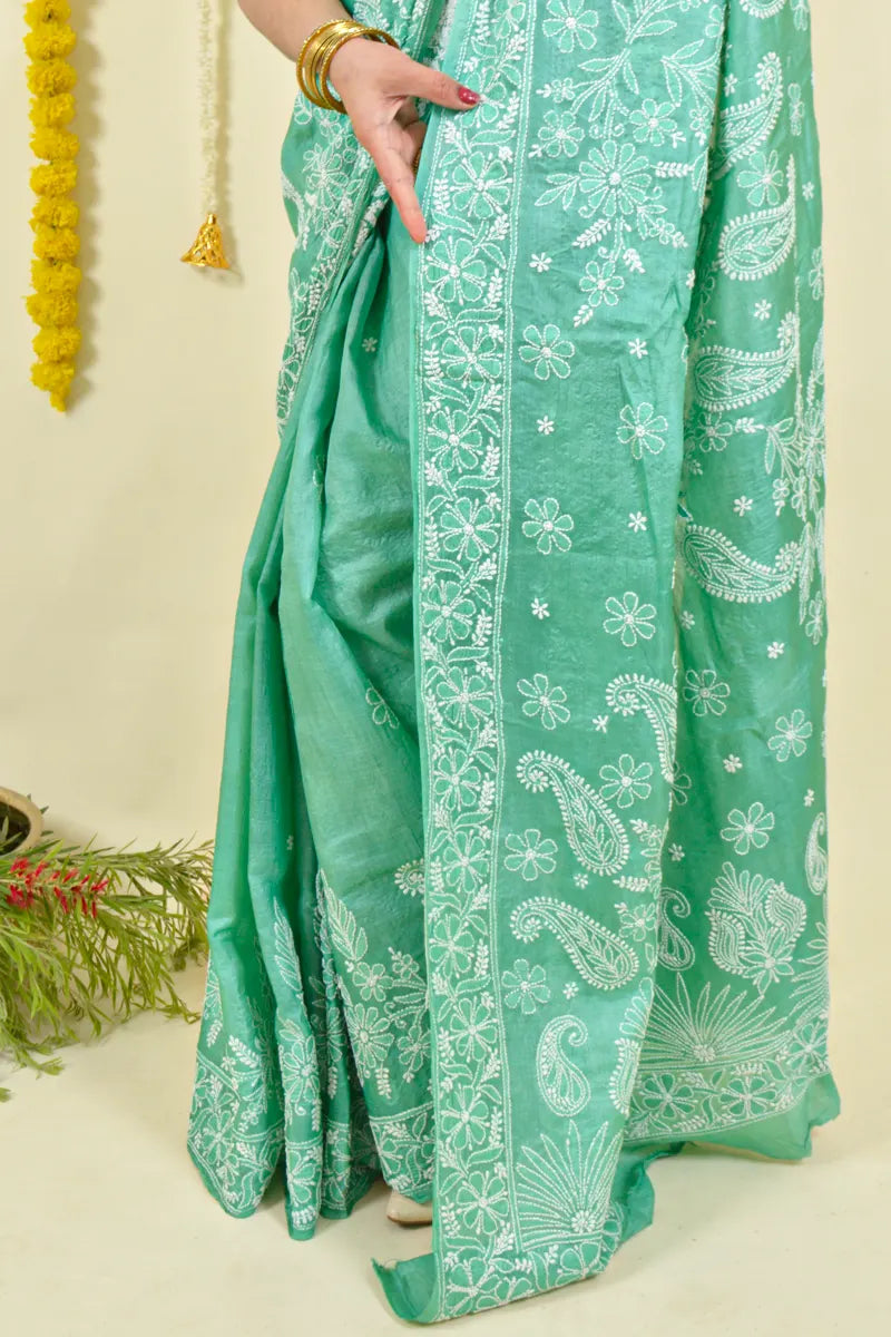 Fabnuma Handcrafted Green Tussar Silk Chikankari Saree-Blouse Fabnuma