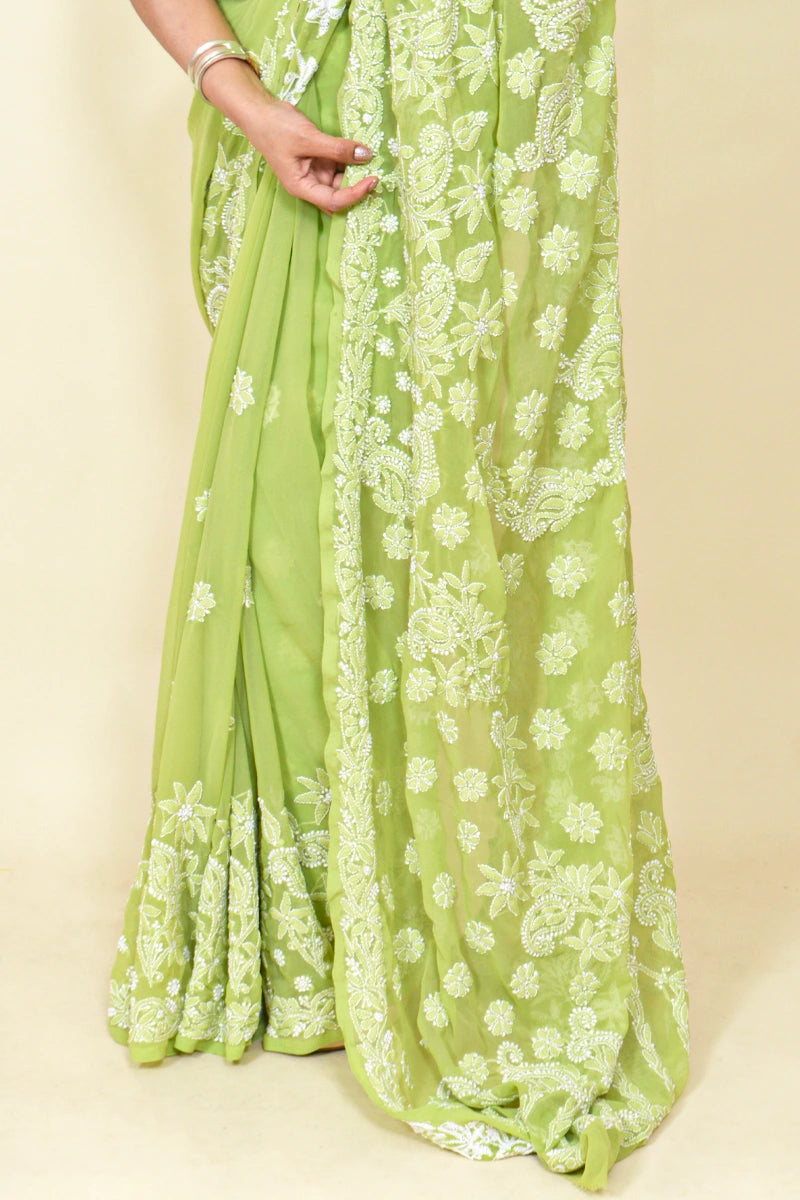 Fabnuma Handcrafted Green Georgette Chikankari Saree-Blouse - Fabnuma