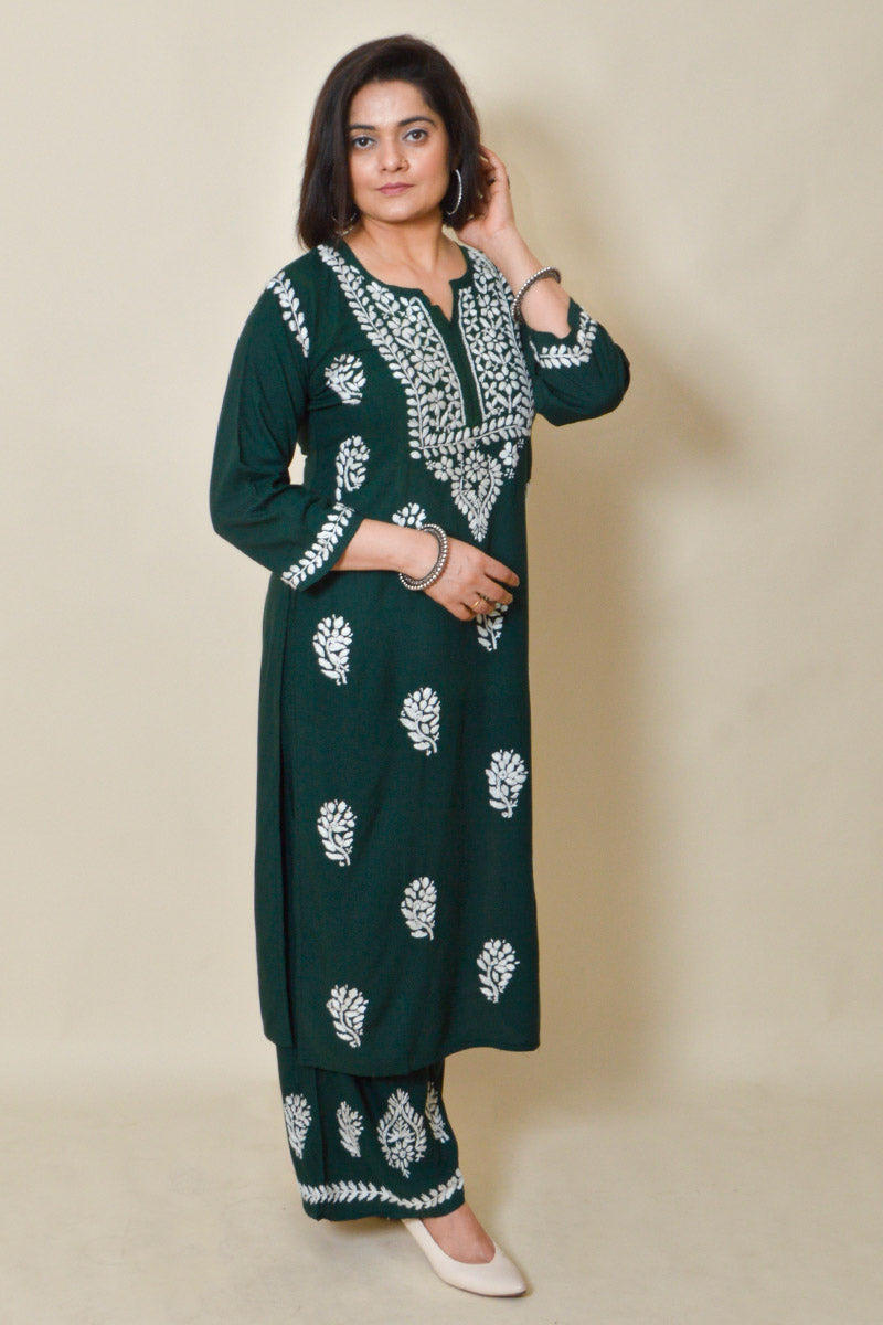 Fabnuma Handcrafted Olive Green Rayon Cotton Chikankari Kurta Bottom Set - Fabnuma