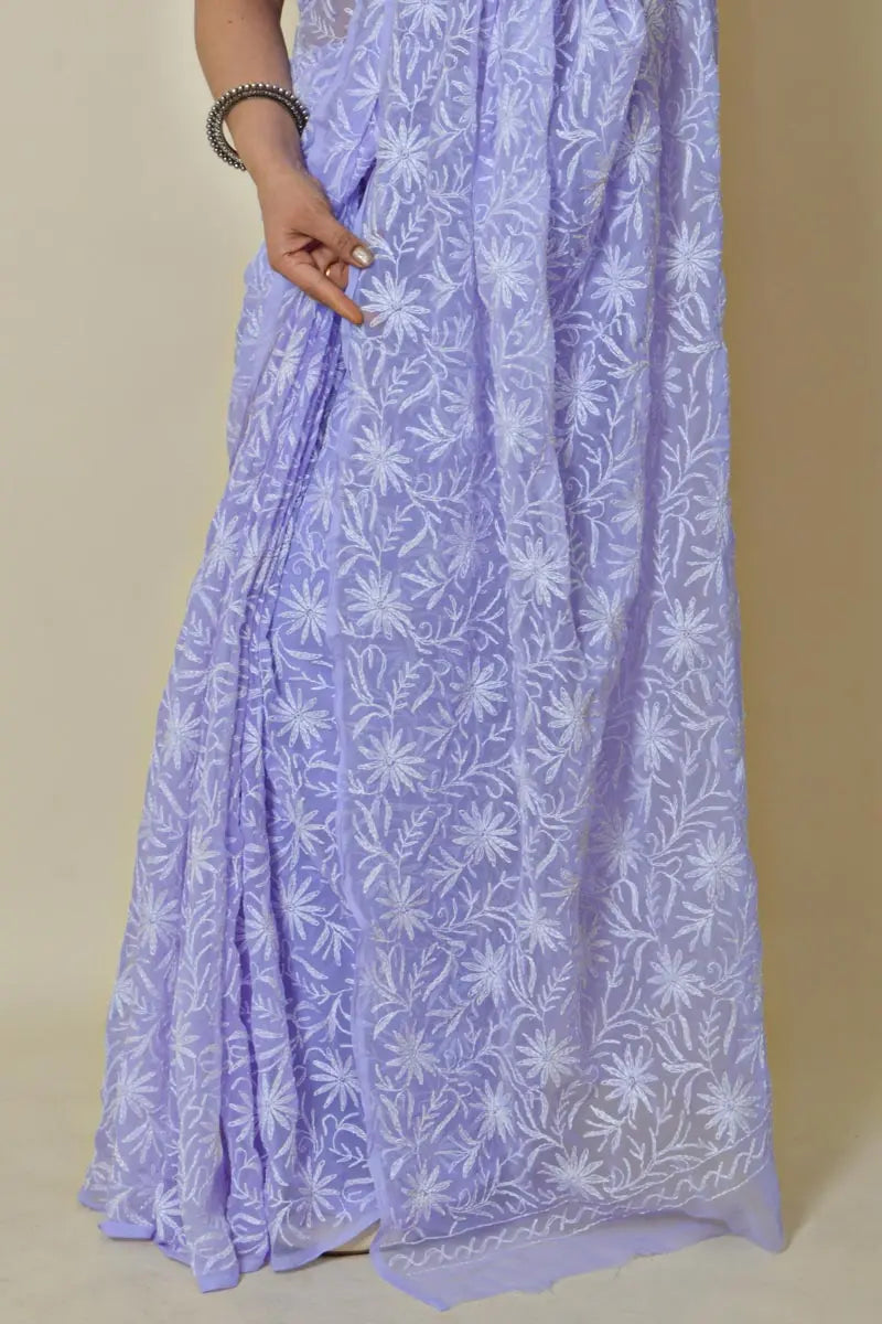 Fabnuma Handcrafted Lavender Georgette Tepchi Chikankari Saree-Blouse - Fabnuma