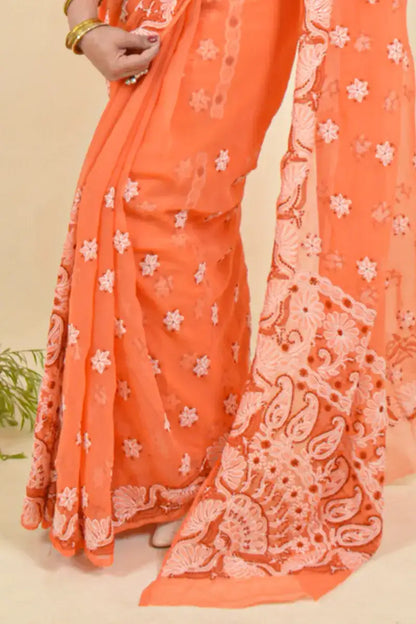 Fabnuma Handcrafted Orange Georgette Chikankari Saree-Blouse - Fabnuma
