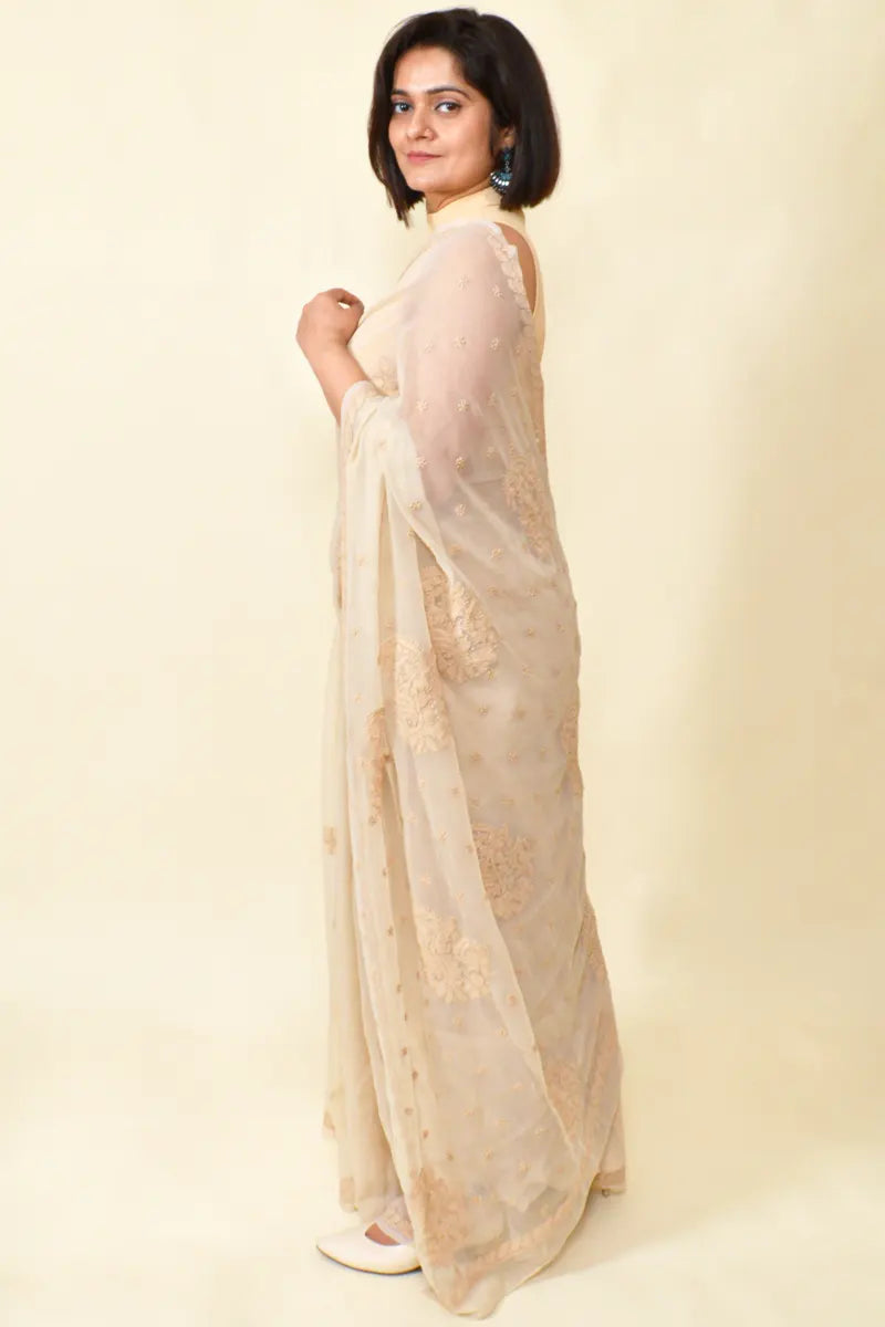 Fabnuma Handcrafted Beige Georgette Chikankari Saree-Blouse - Fabnuma
