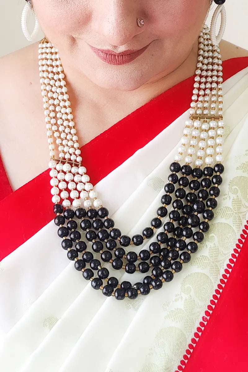 Fabnuma Handcrafted Black & White Beaded Layer Neckpiece & Dangle Earrings - Fabnuma