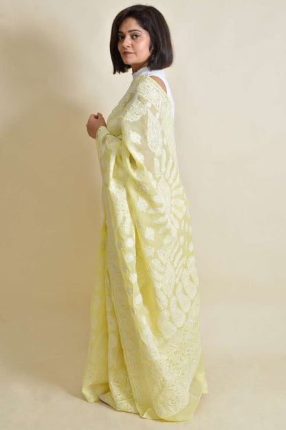 Fabnuma Handcrafted Lemon Cotton Chikankari Saree Wth Blouse - Fabnuma