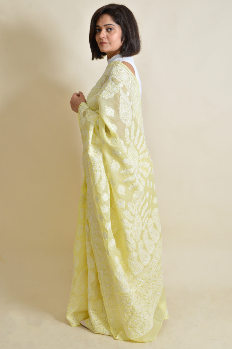 Fabnuma Handcrafted Lemon Cotton Chikankari Saree Wth Blouse - Fabnuma