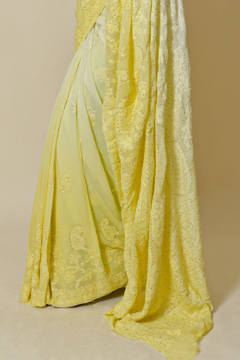 Fabnuma Handcrafted Shaded Lemon Viscose Chikankari Saree-Mukesh Work - Fabnuma