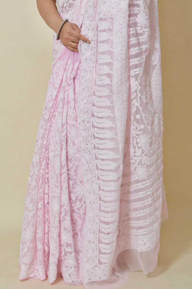 Fabnuma Handcrafted Baby Pink Georgette Chikankari Saree-Blouse - Fabnuma