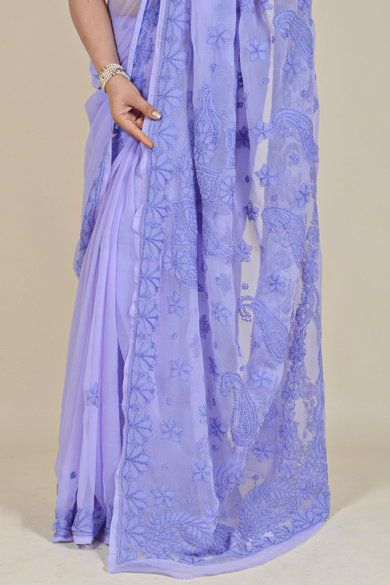 Fabnuma Handcrafted Lavender Georgette Chikankari Saree-Blouse - Fabnuma