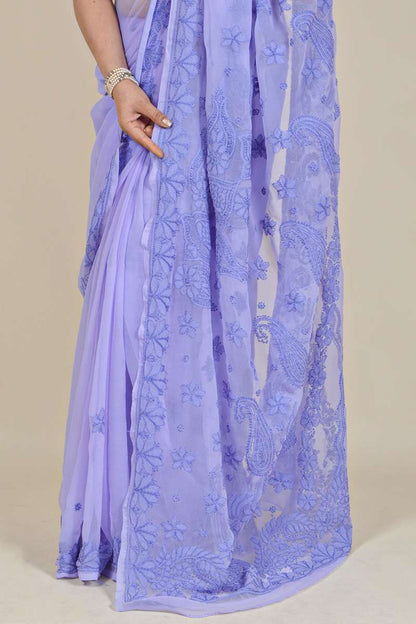 Fabnuma Handcrafted Lavender Georgette Chikankari Saree-Blouse - Fabnuma
