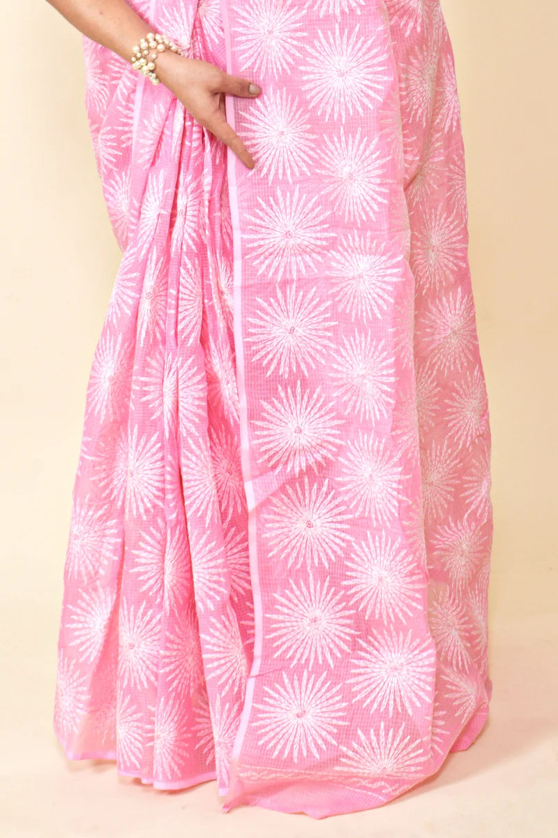 Fabnuma Handcrafted Pink Kota Cotton Chikankari Saree-Blouse - Fabnuma