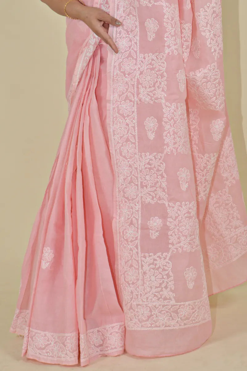 MeMaana Handcrafted Peach Cotton Chikankari Saree-Blouse MeMaana