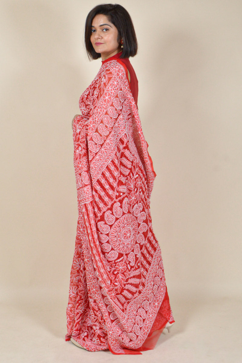 Fabnuma Handcrafted Red Georgette Chikankari Saree-Blouse - Fabnuma