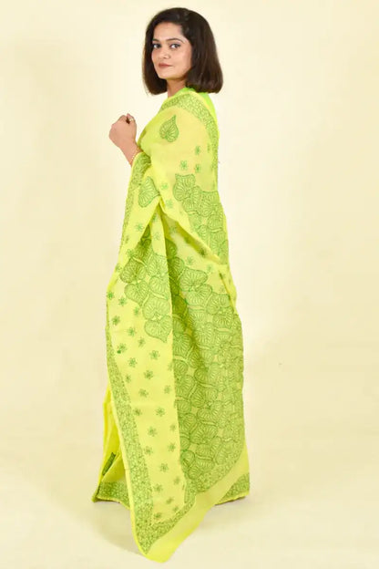 Fabnuma Handcrafted Green Cotton Chikankari Saree-Blouse - Fabnuma