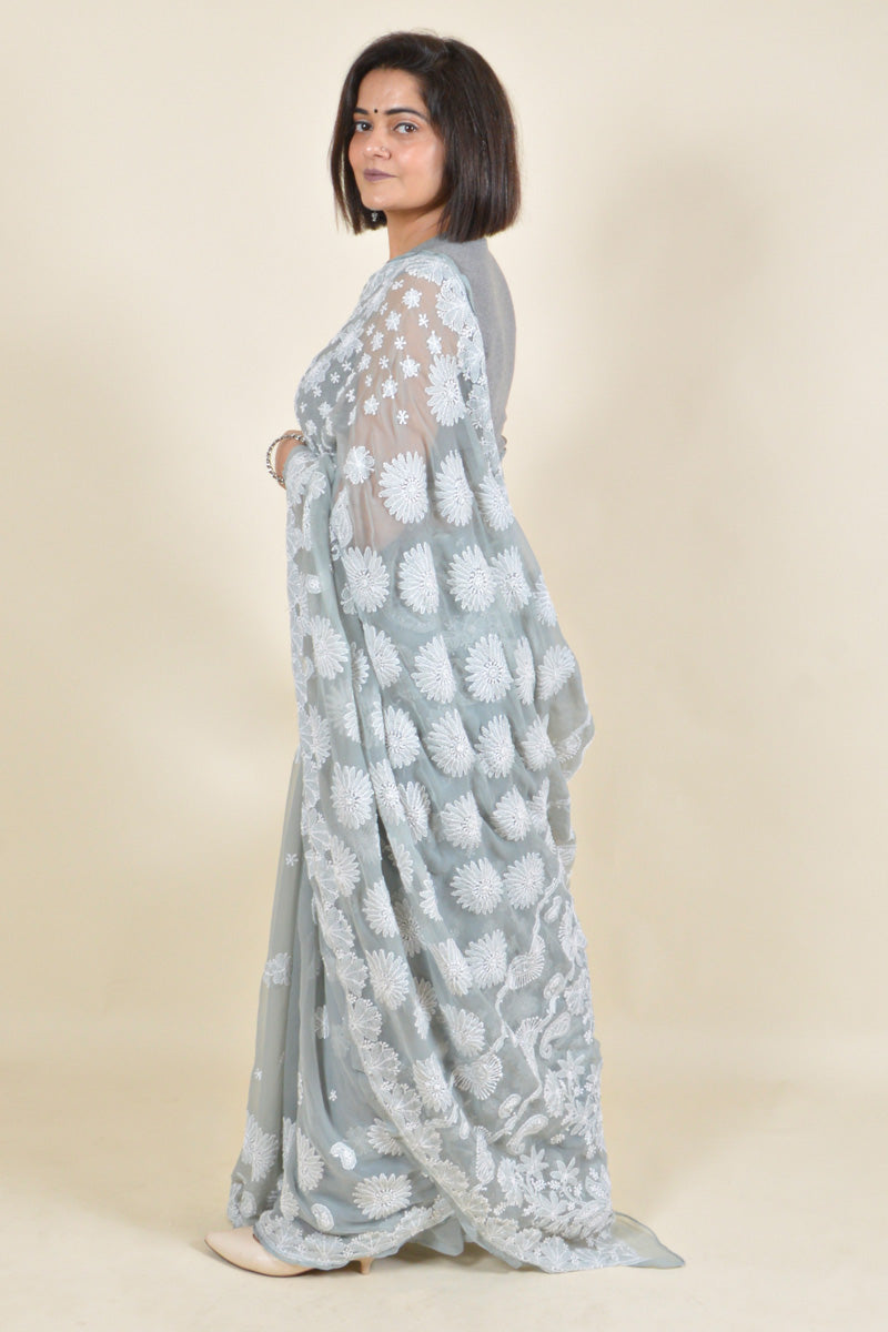 Fabnuma Handcrafted Gray Georgette Chikankari Saree-Blouse - Fabnuma