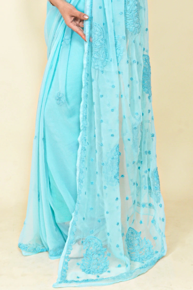 Fabnuma Handcrafted Sky Blue Georgette Chikankari Saree-Blouse - Fabnuma