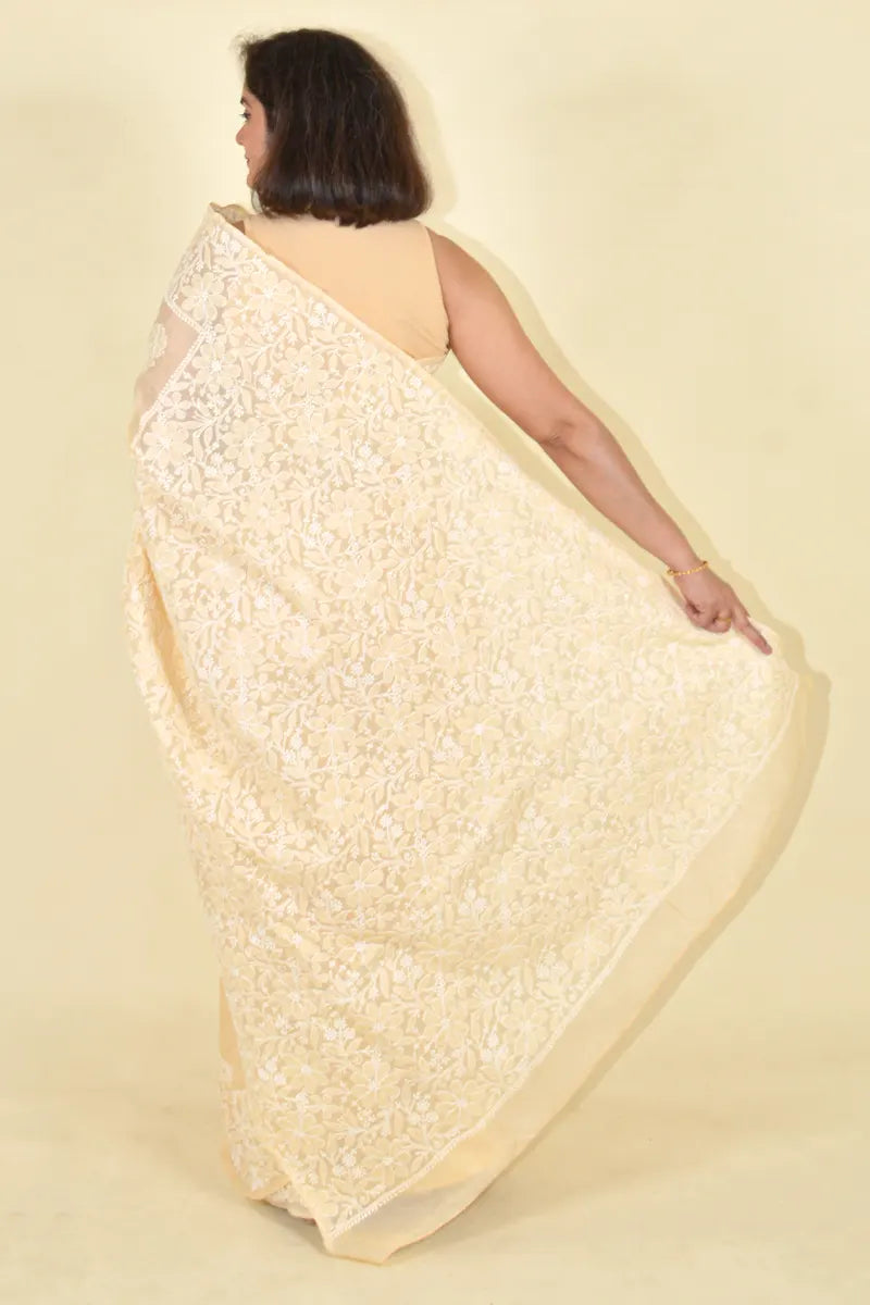 MeMaana Handcrafted Beige Cotton Chikankari Saree-Blouse MeMaana