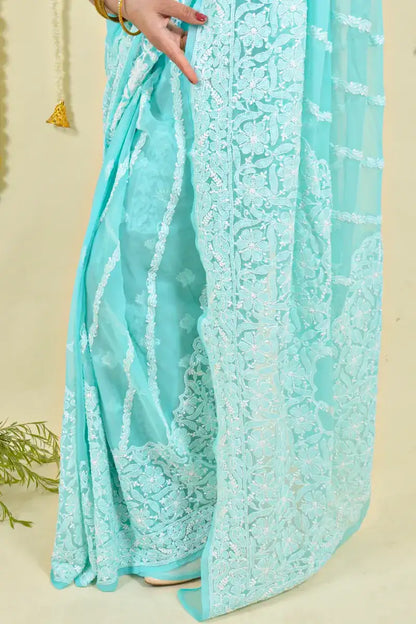 Fabnuma Handcrafted Sea Green Georgette Chikankari Saree-Blouse - Fabnuma