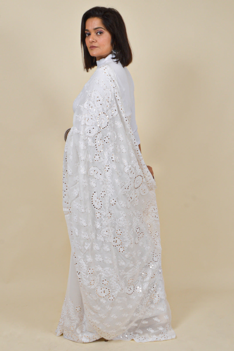 Fabnuma Handcrafted White Viscose Chikankari Saree-Mukesh Work - Fabnuma