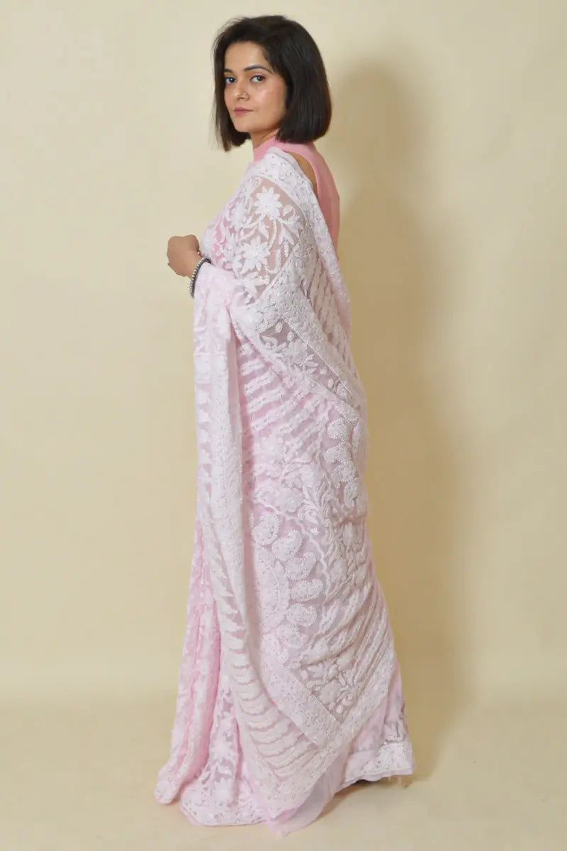Fabnuma Handcrafted Baby Pink Georgette Chikankari Saree-Blouse - Fabnuma