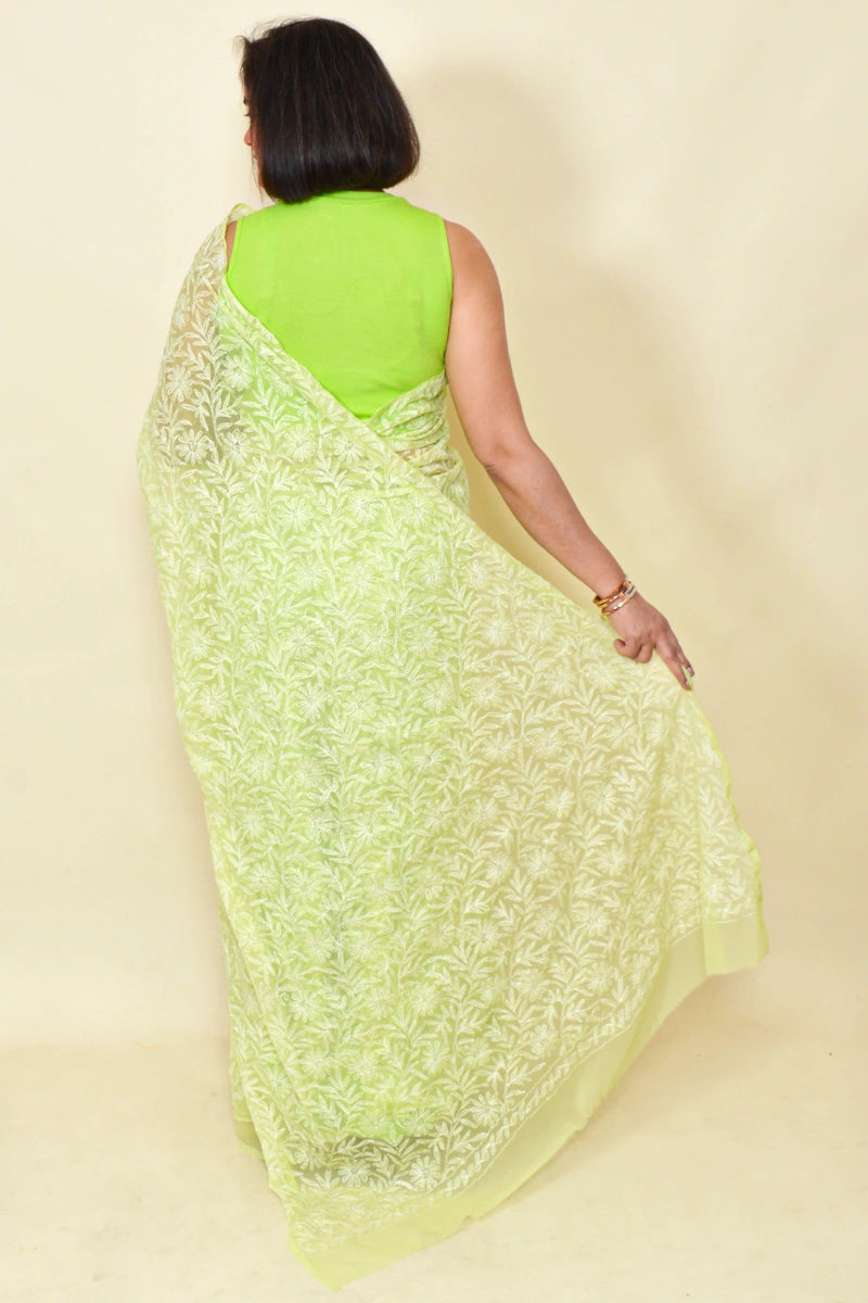 Fabnuma Handcrafted Green Georgette Tepchi Chikankari Saree-Blouse - Fabnuma