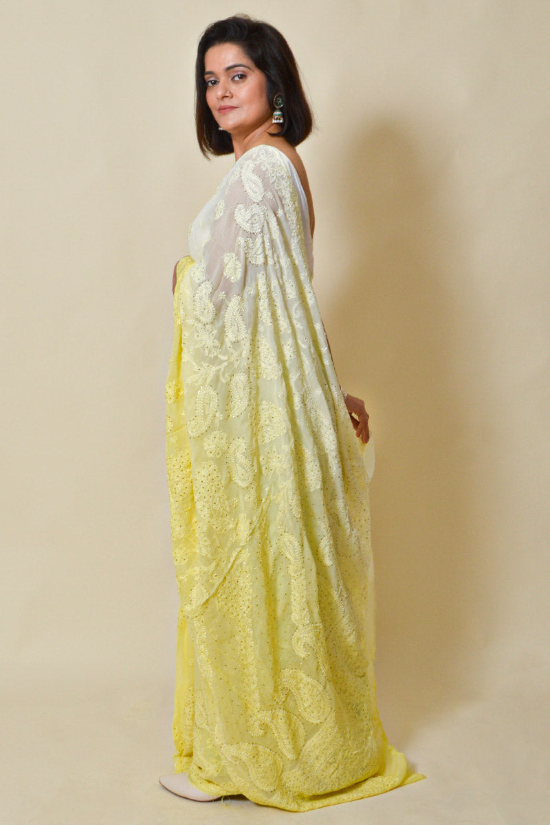 Fabnuma Handcrafted Shaded Lemon Viscose Chikankari Saree-Mukesh Work - Fabnuma