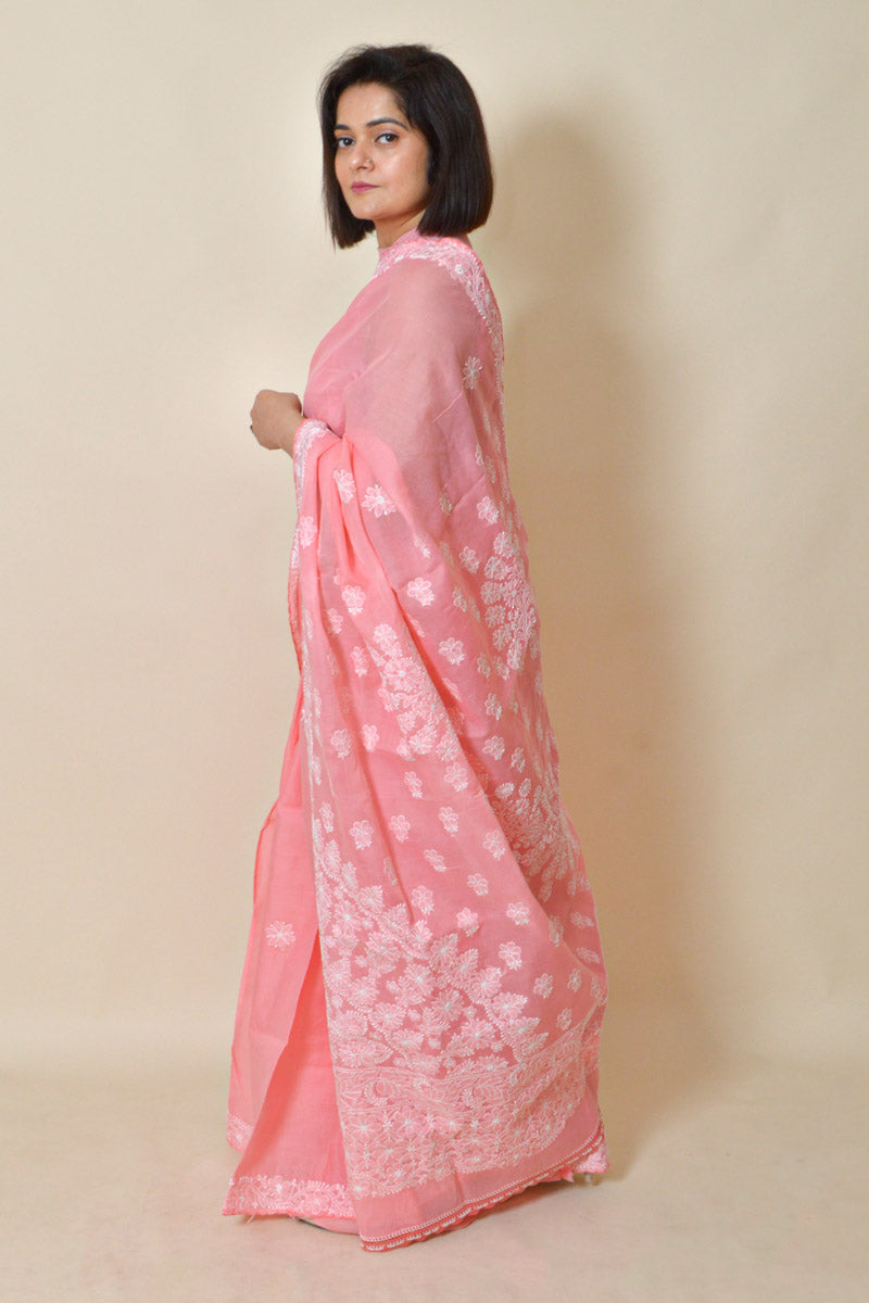Fabnuma Handcrafted Peach Chikankari Cotton Saree-Blouse - Fabnuma