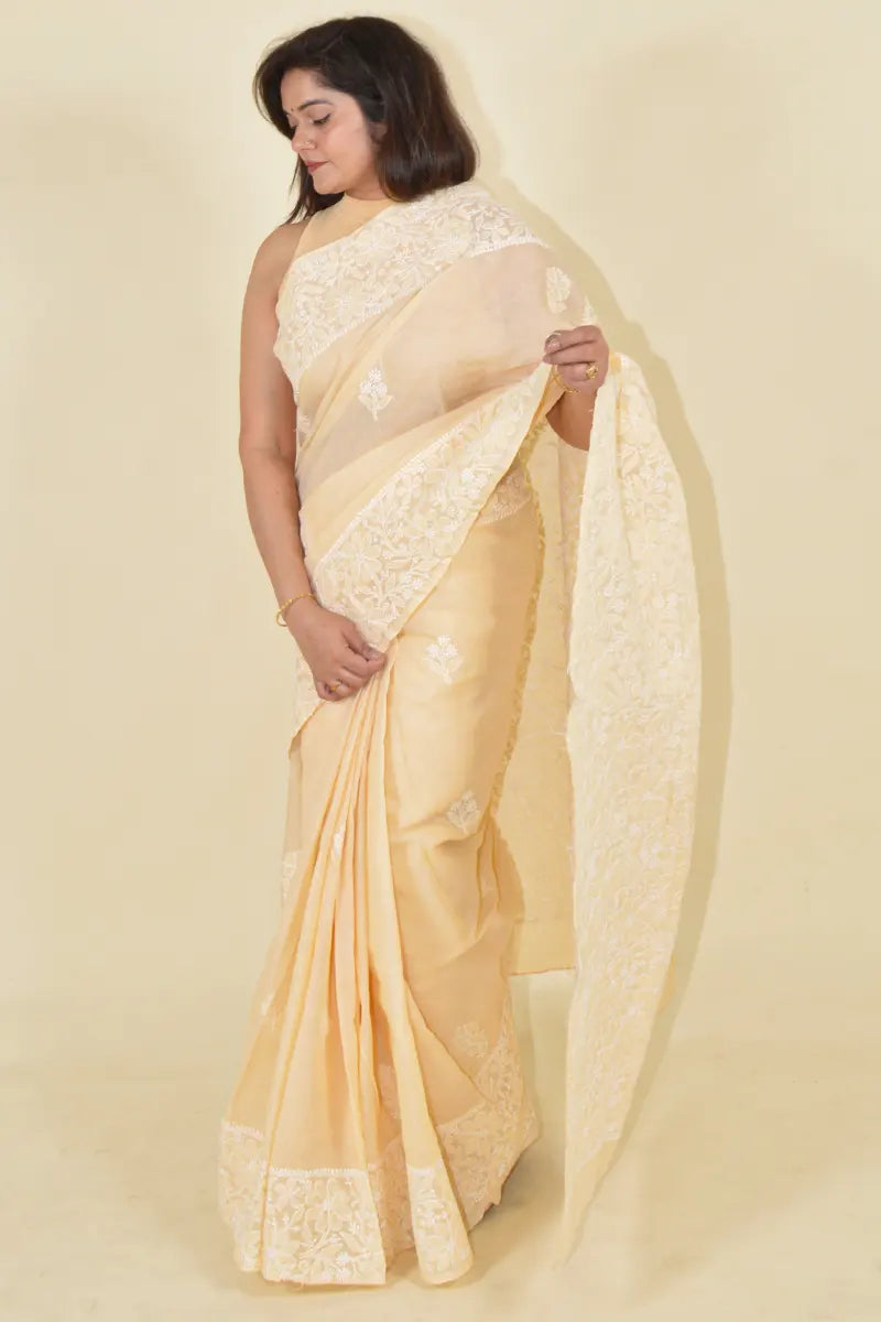 MeMaana Handcrafted Beige Cotton Chikankari Saree-Blouse MeMaana