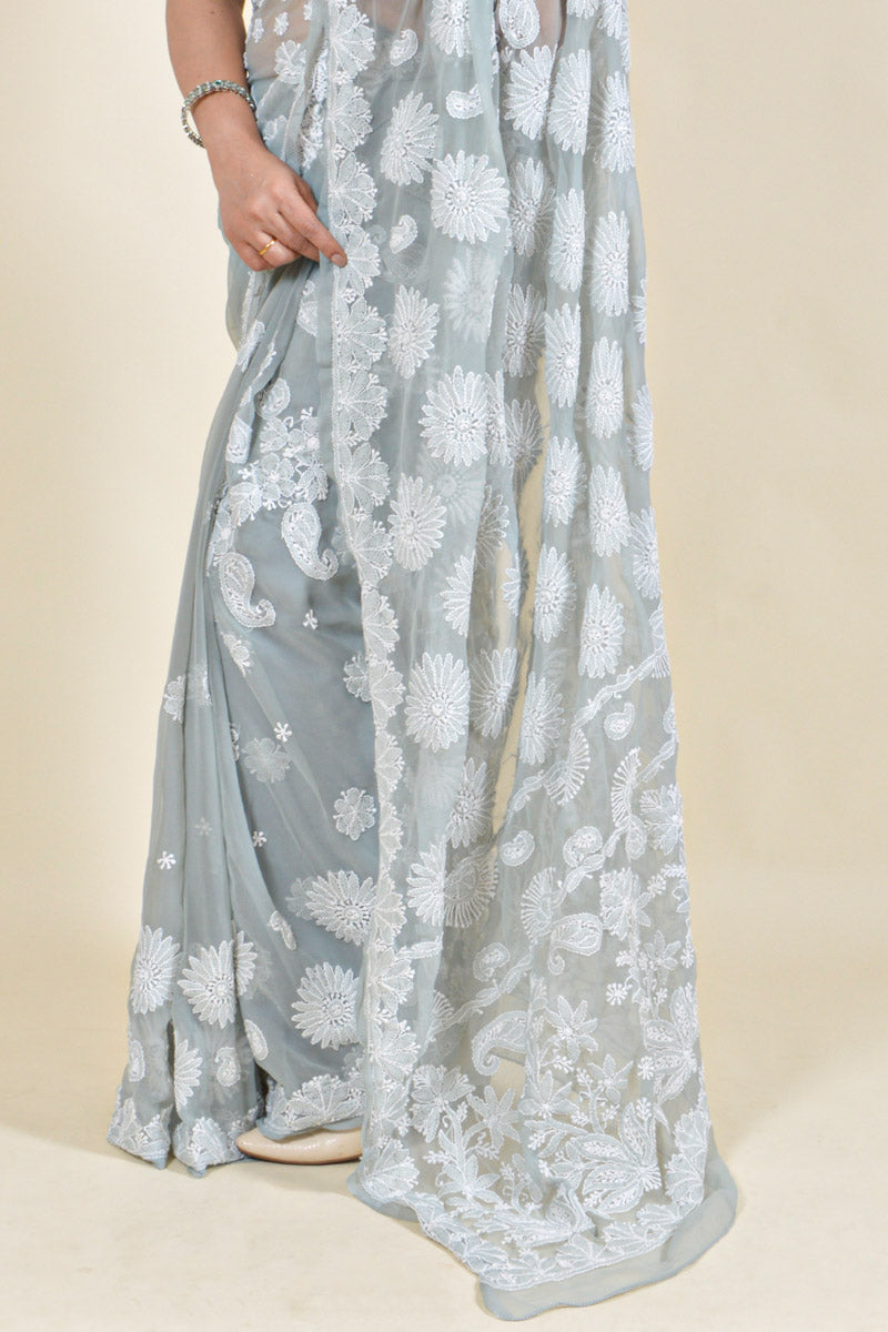 Fabnuma Handcrafted Gray Georgette Chikankari Saree-Blouse - Fabnuma