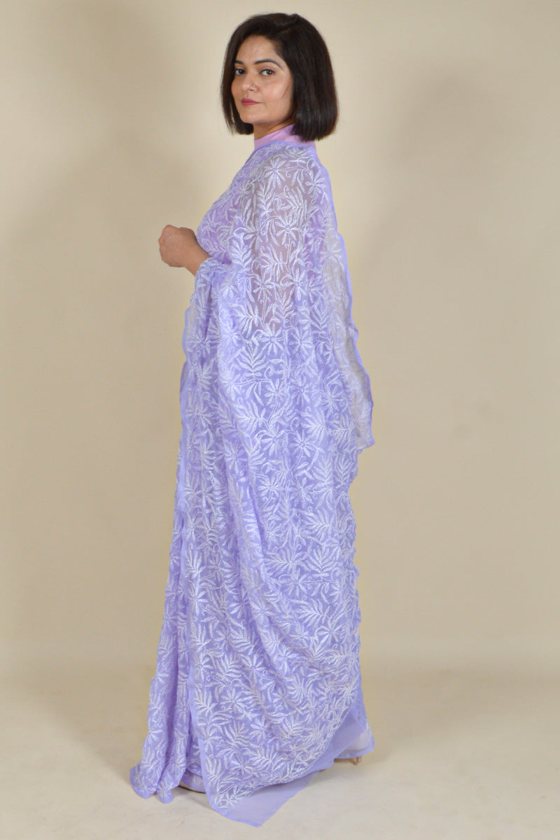 Fabnuma Handcrafted Lavender Georgette Tepchi Chikankari Saree-Blouse - Fabnuma