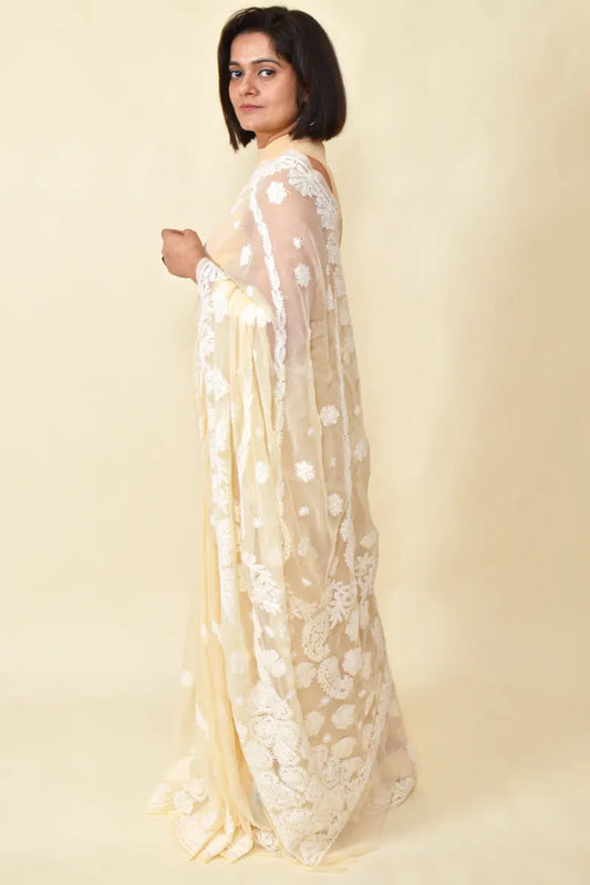 Fabnuma Handcrafted Fawn Georgette Chikankari Saree-Blouse - Fabnuma