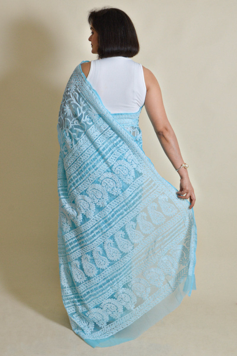 Fabnuma Handcrafted Sky Blue Georgette Chikankari Saree-Blouse - Fabnuma