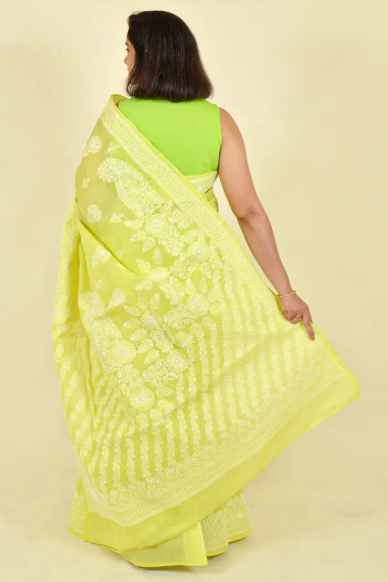 Fabnuma Handcrafted Lemon Green Cotton Chikankari Saree-Blouse - Fabnuma