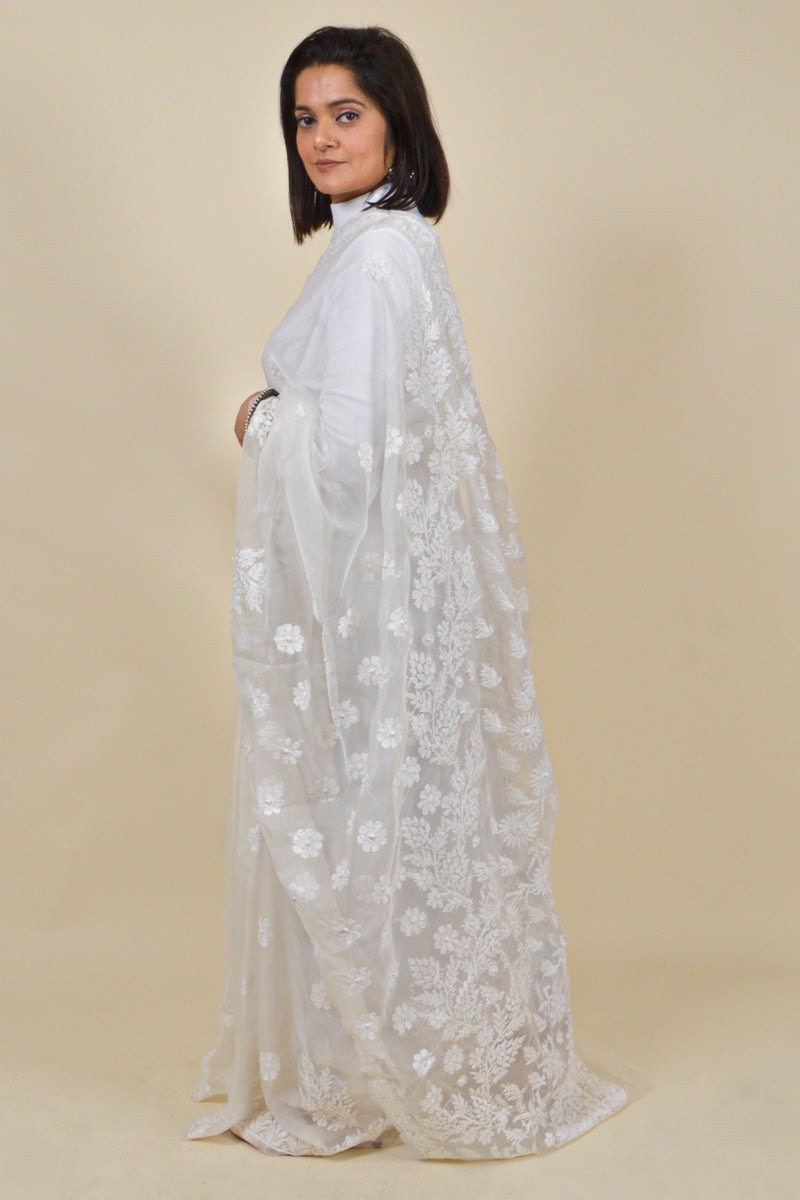 Fabnuma Handcrafted White Organza Chikankari Saree-Blouse - Fabnuma
