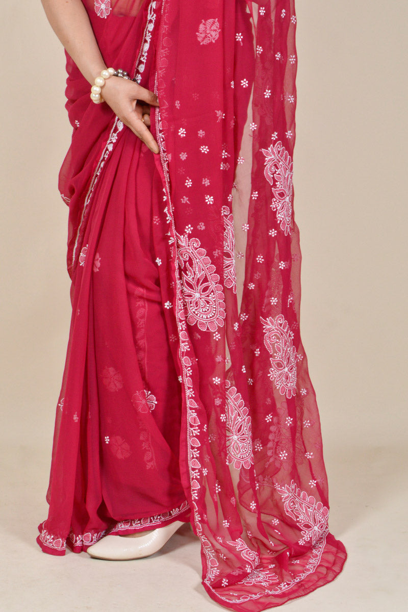 Fabnuma Handcrafted Red Georgette Chikankari Saree-Blouse - Fabnuma