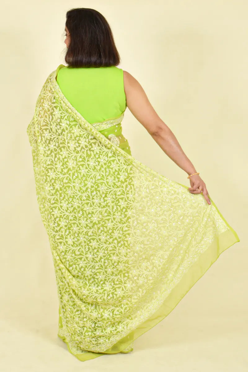 Fabnuma Handcrafted Green Georgette Chikankari Saree-Blouse - Fabnuma