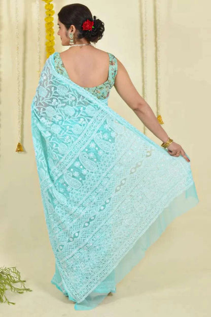 MeMaana Handcrafted Sea Green Georgette Chikankari Saree-Blouse MeMaana
