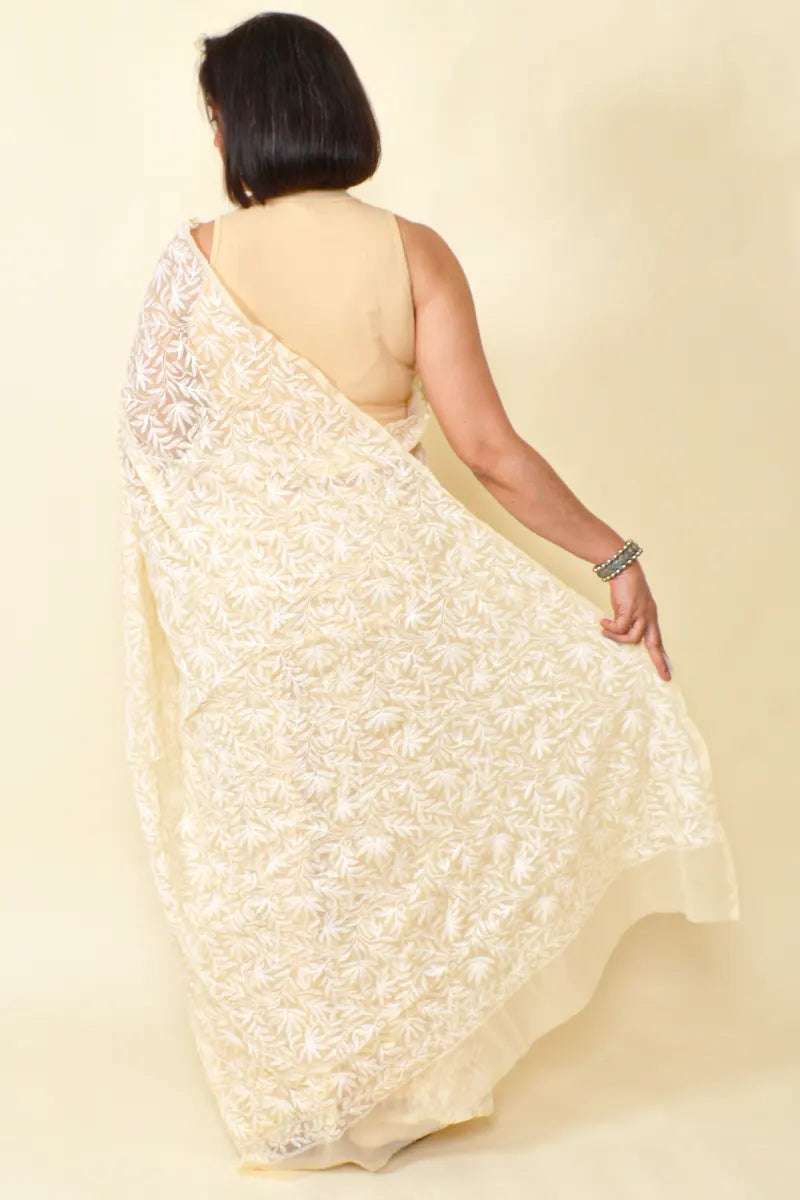 Fabnuma Handcrafted Fawn Georgette Tepchi Chikankari Saree-Blouse - Fabnuma
