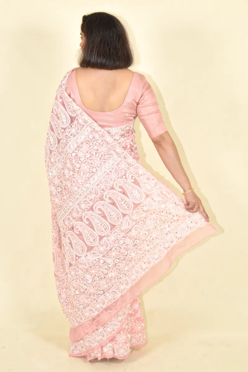 Fabnuma Handcrafted Peach Georgette Gotapatti Chikankari Saree-Blouse - Fabnuma