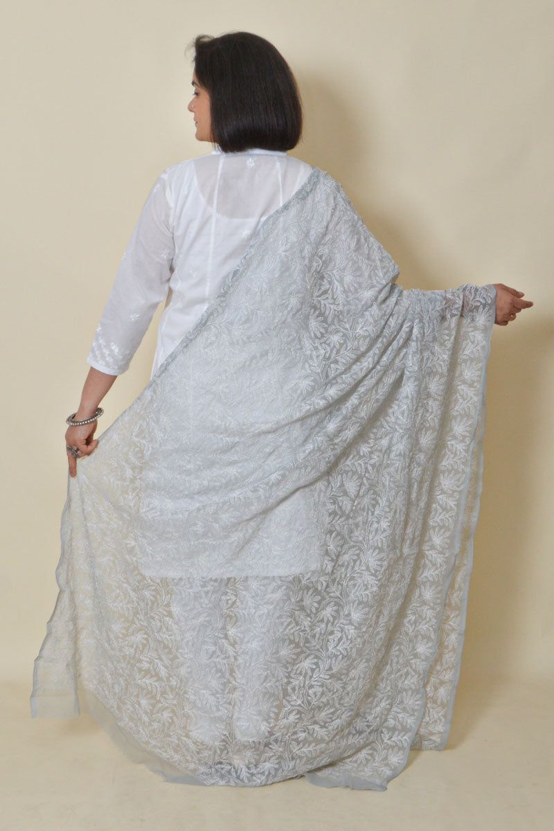 Fabnuma Handcrafted Grey Georgette Allover Tepchi Chikankari Dupatta - Fabnuma