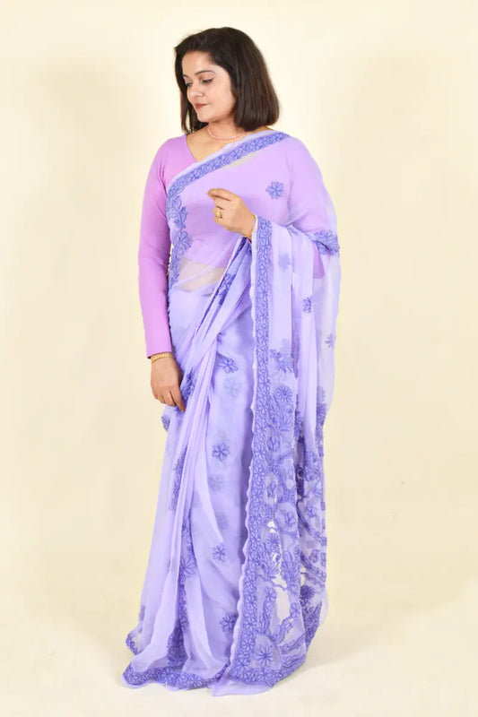 Fabnuma Handcrafted Lavender Georgette Chikankari Saree-Blouse - Fabnuma