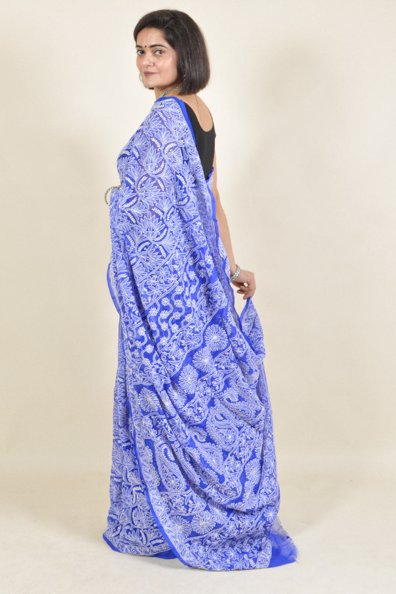 Fabnuma Handcrafted Blue Georgette Chikankari Saree-Blouse - Fabnuma