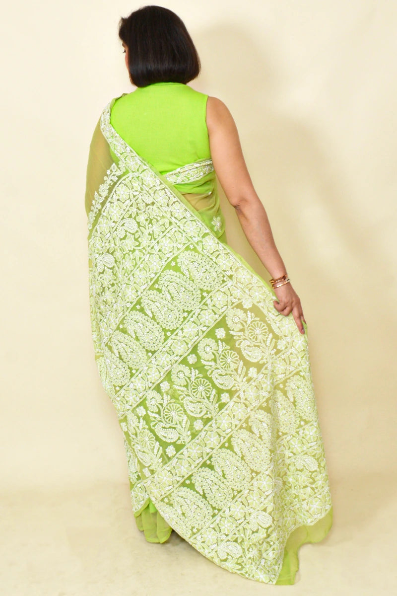 Fabnuma Handcrafted Green Georgette Chikankari Saree-Blouse - Fabnuma