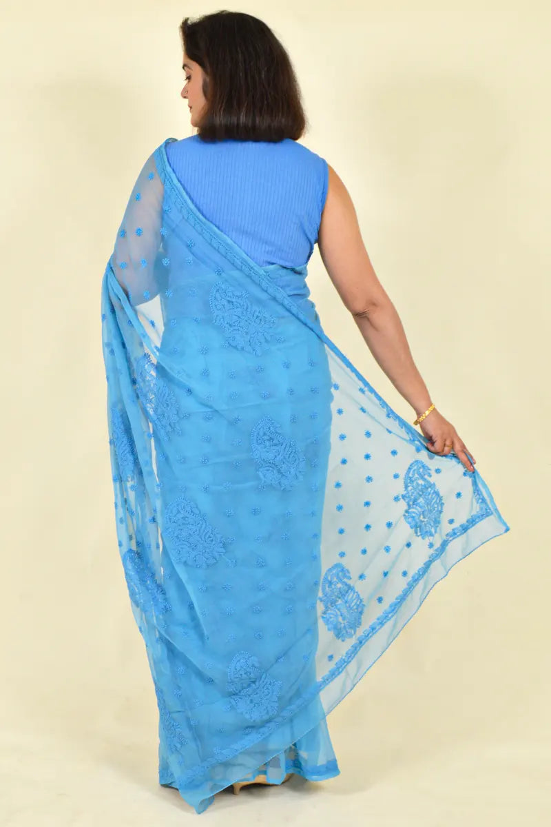 Fabnuma Handcrafted Turquoise Blue Georgette Chikankari Saree-Blouse - Fabnuma