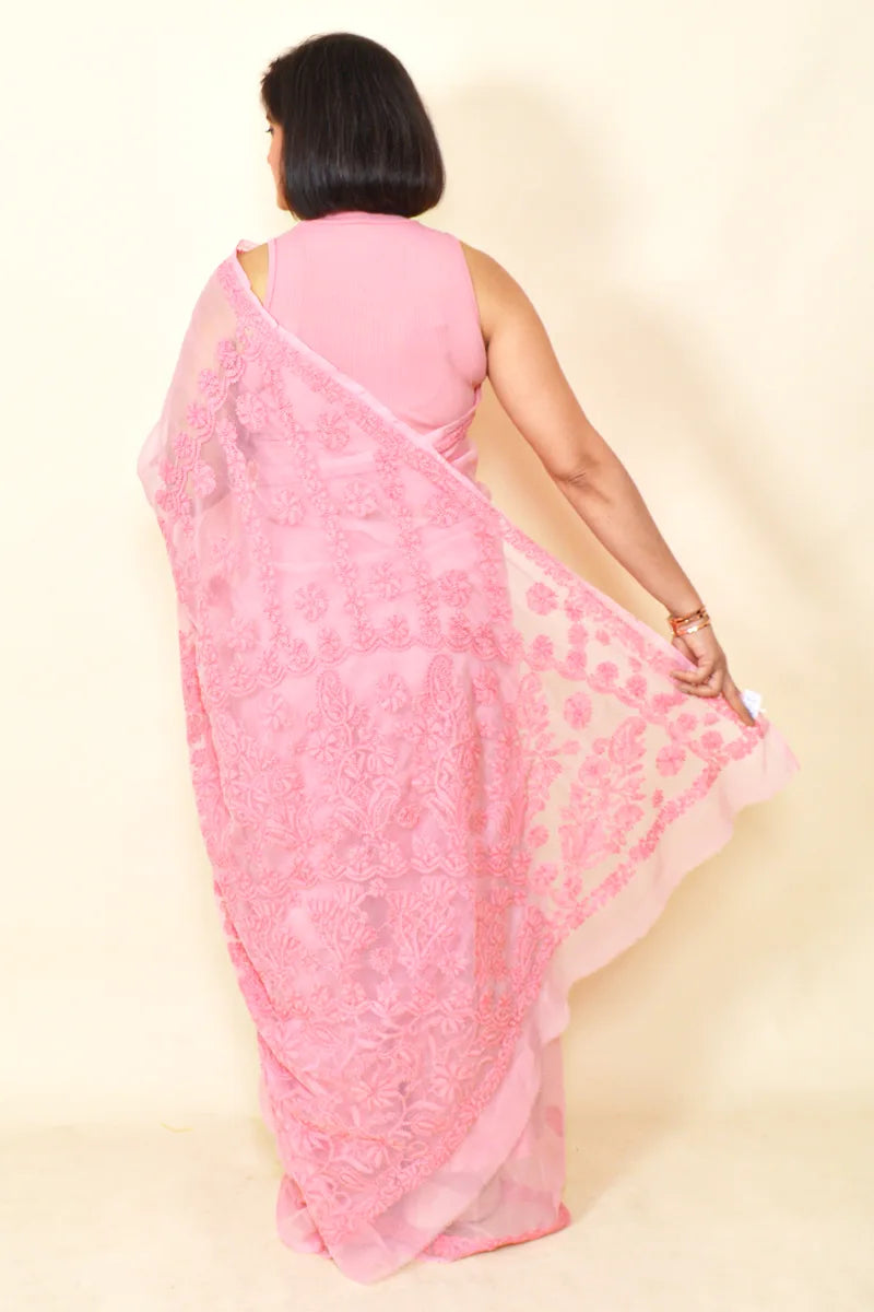 Fabnuma Handcrafted Peach Georgette Chikankari Saree-Blouse - Fabnuma