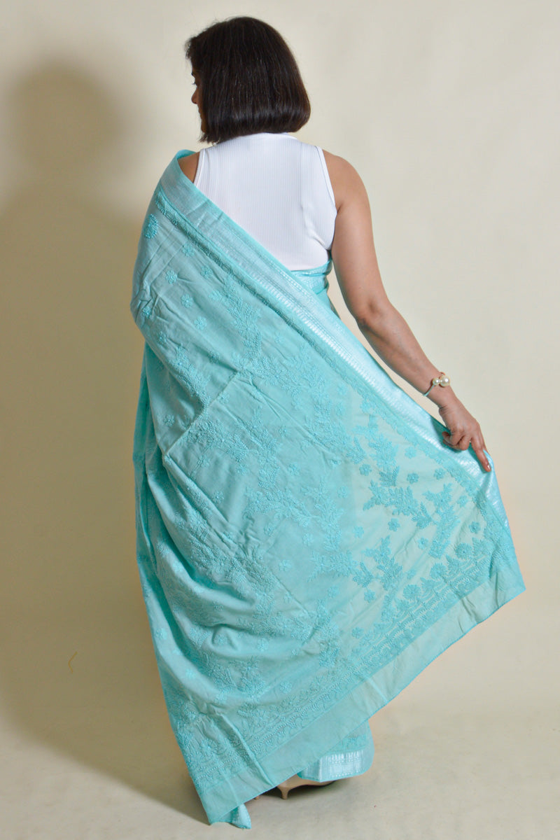 Fabnuma Handcrafted Sea Green Mulmul Cotton Chikankari Saree-Blouse - Fabnuma