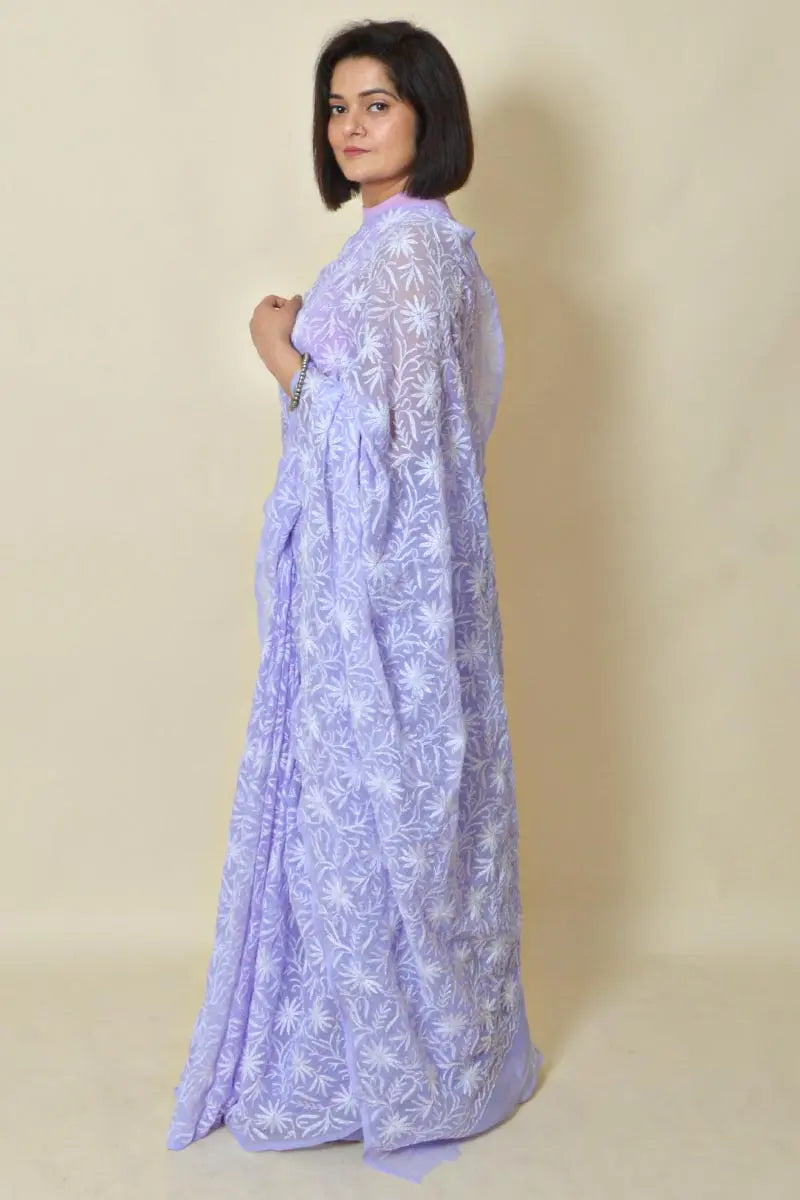 Fabnuma Handcrafted Lavender Georgette Tepchi Chikankari Saree-Blouse - Fabnuma