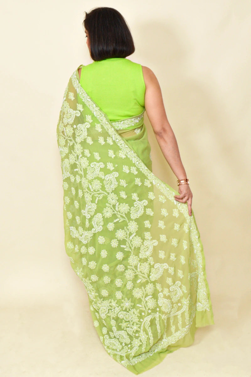 Fabnuma Handcrafted Green Georgette Chikankari Saree-Blouse - Fabnuma