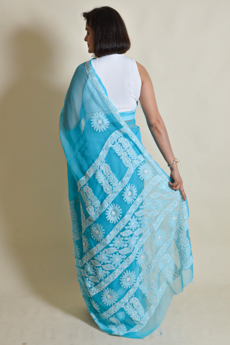 Fabnuma Handcrafted Aqua Blue Georgette Chikankari Saree-Blouse - Fabnuma