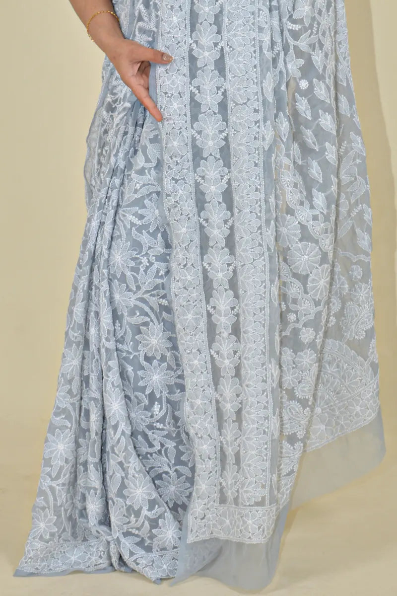 Fabnuma Handcrafted Gray Georgette Chikankari Saree-Blouse - Fabnuma